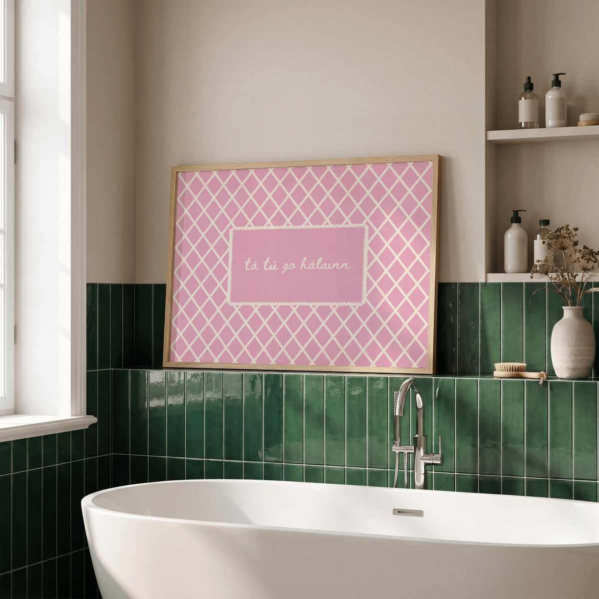 Tá tú go hálainn pink trellis Irish print – wall mockup 5