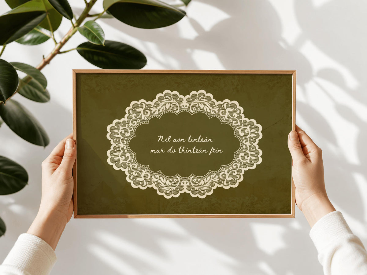 Níl aon tinteán lace doily Irish print – wall mockup 4