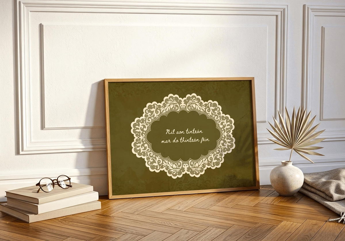 Níl aon tinteán lace doily Irish print – wall mockup 5