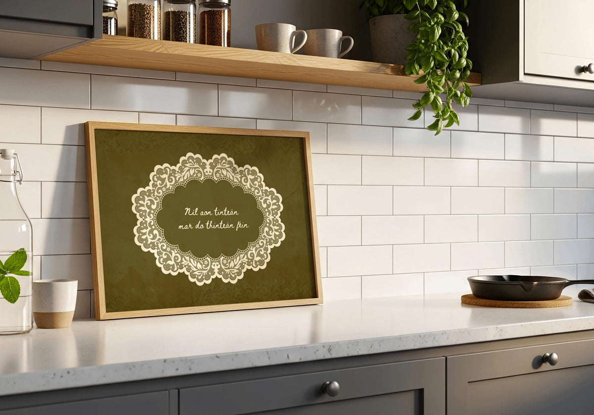 Níl aon tinteán lace doily Irish print – wall mockup 2