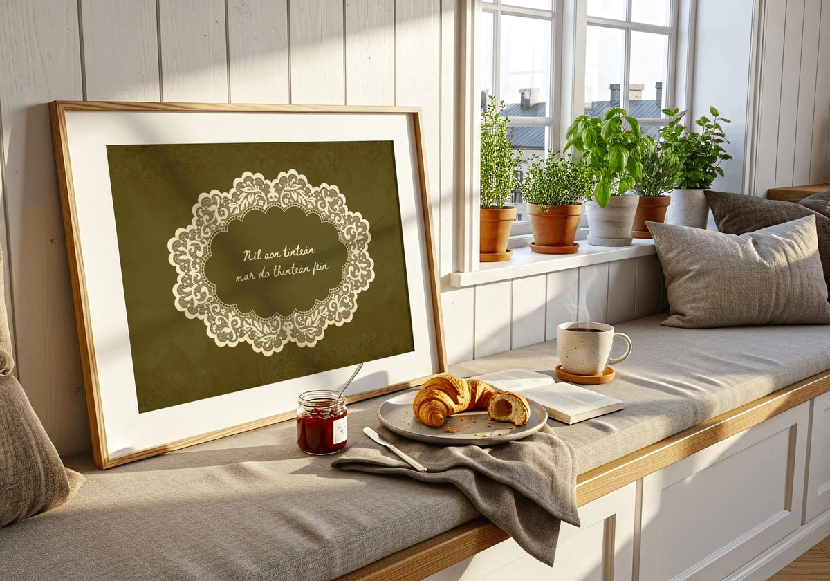 Níl aon tinteán lace doily Irish print – wall mockup 3