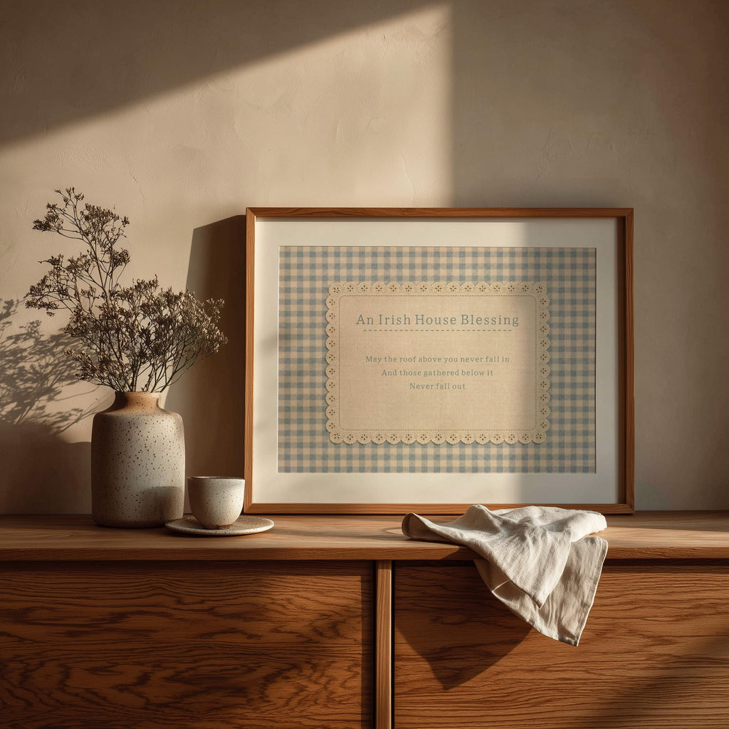 Irish House Blessing gingham lace Irish print – wall mockup 3