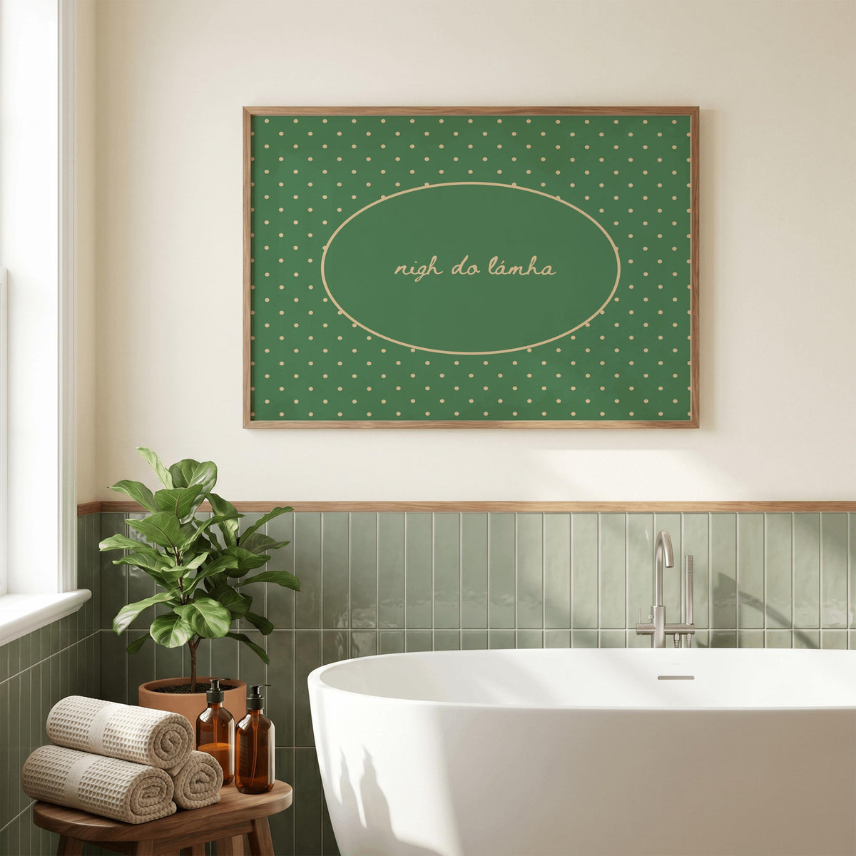 Nigh Do Lámha green cream Irish print – wall mockup 2
