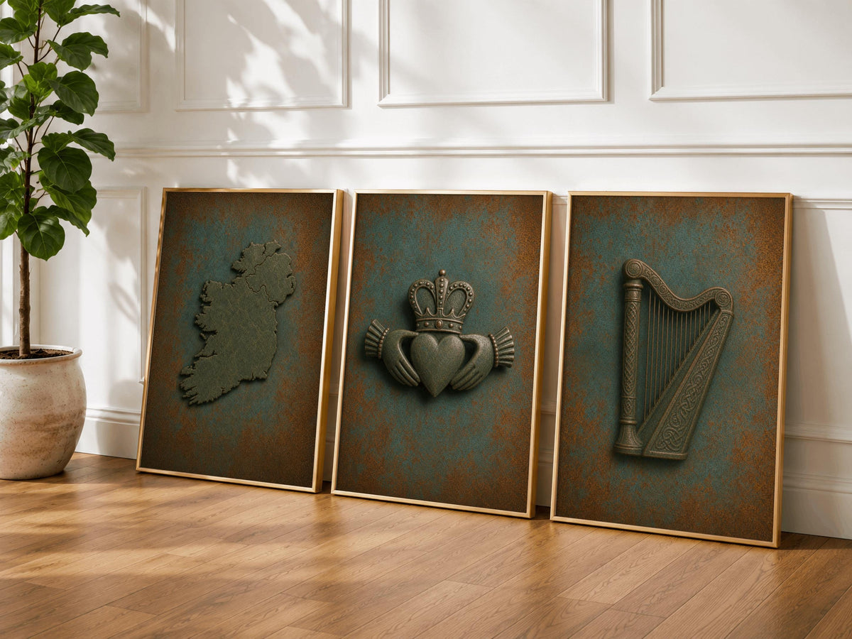 Embossed Ireland map, Claddagh and harp Irish print set – wall mockup 1