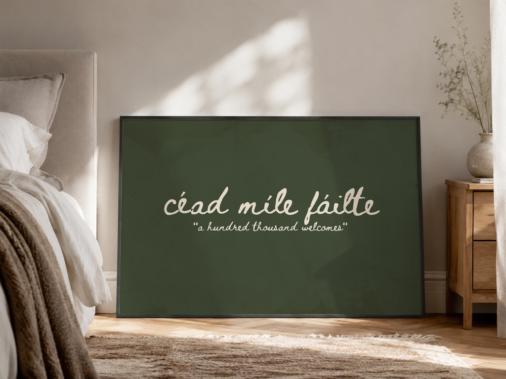 Céad Míle Fáilte sage green Irish print – wall mockup 7