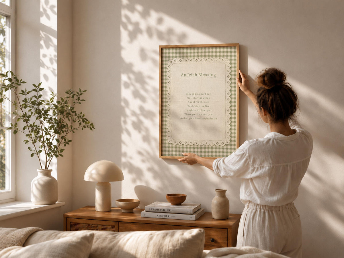 Irish House Blessing sage gingham Irish print – wall mockup 1