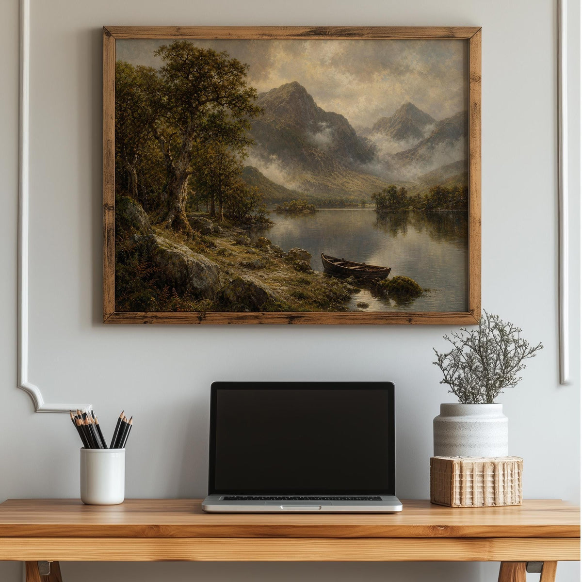 Killarney lake rowboat oil painting Irish print – wall mockup 2