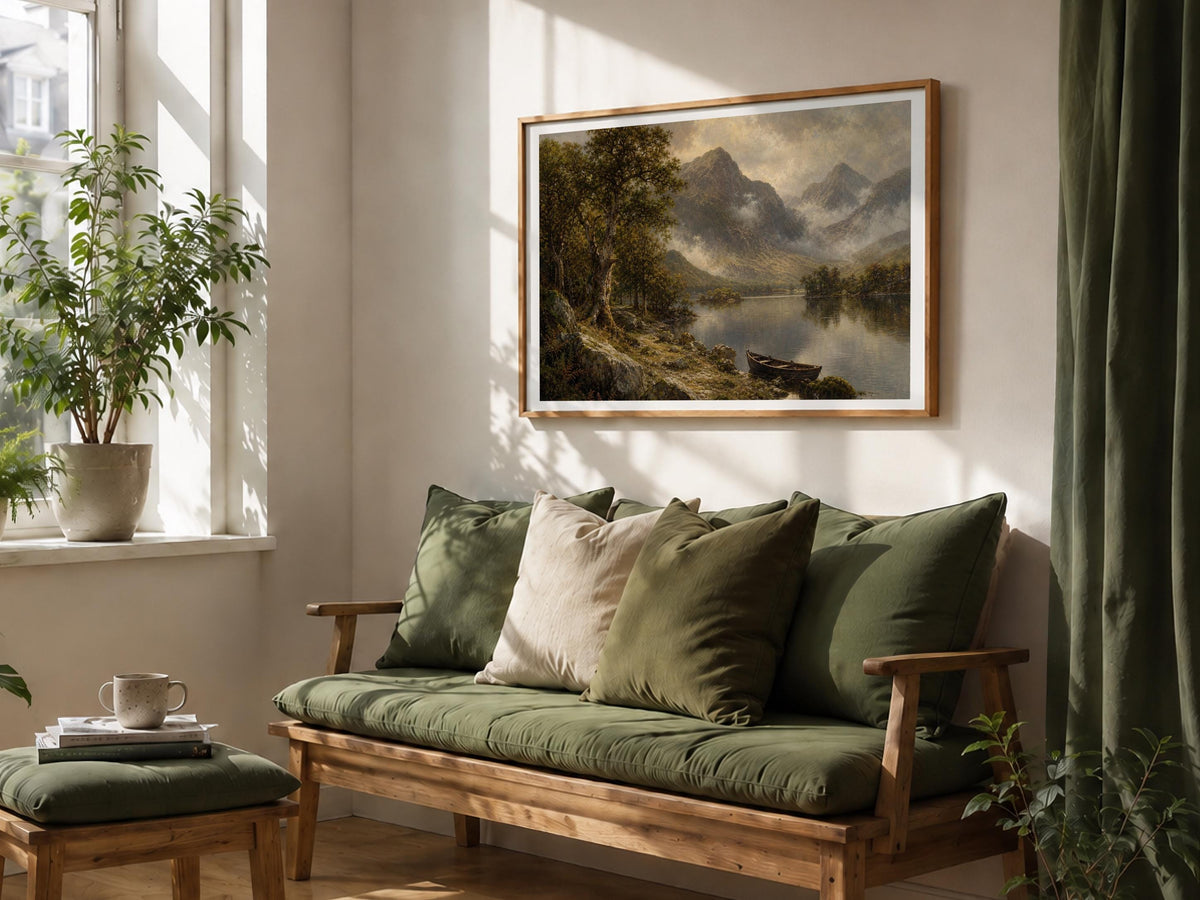 Killarney lake rowboat oil painting Irish print – wall mockup 4