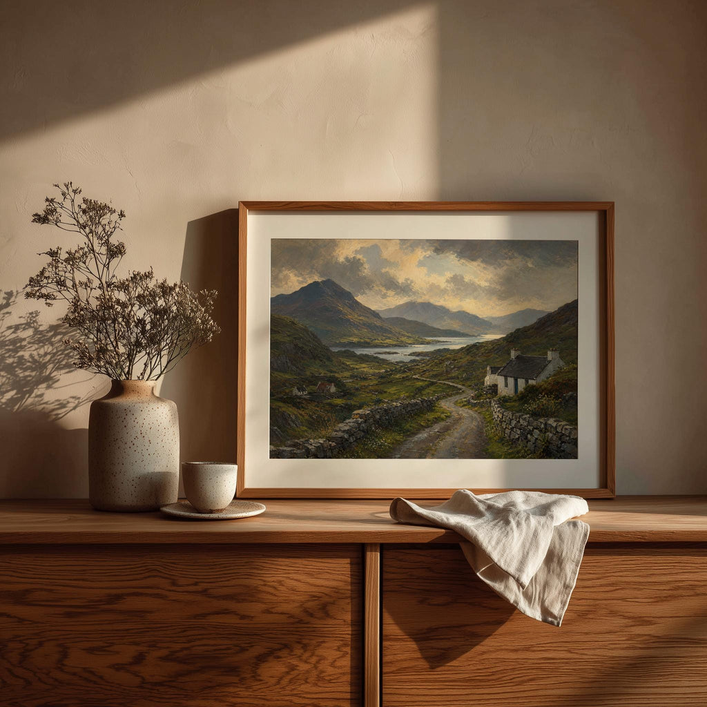 Irish valley and lake oil painting Irish print – wall mockup 2