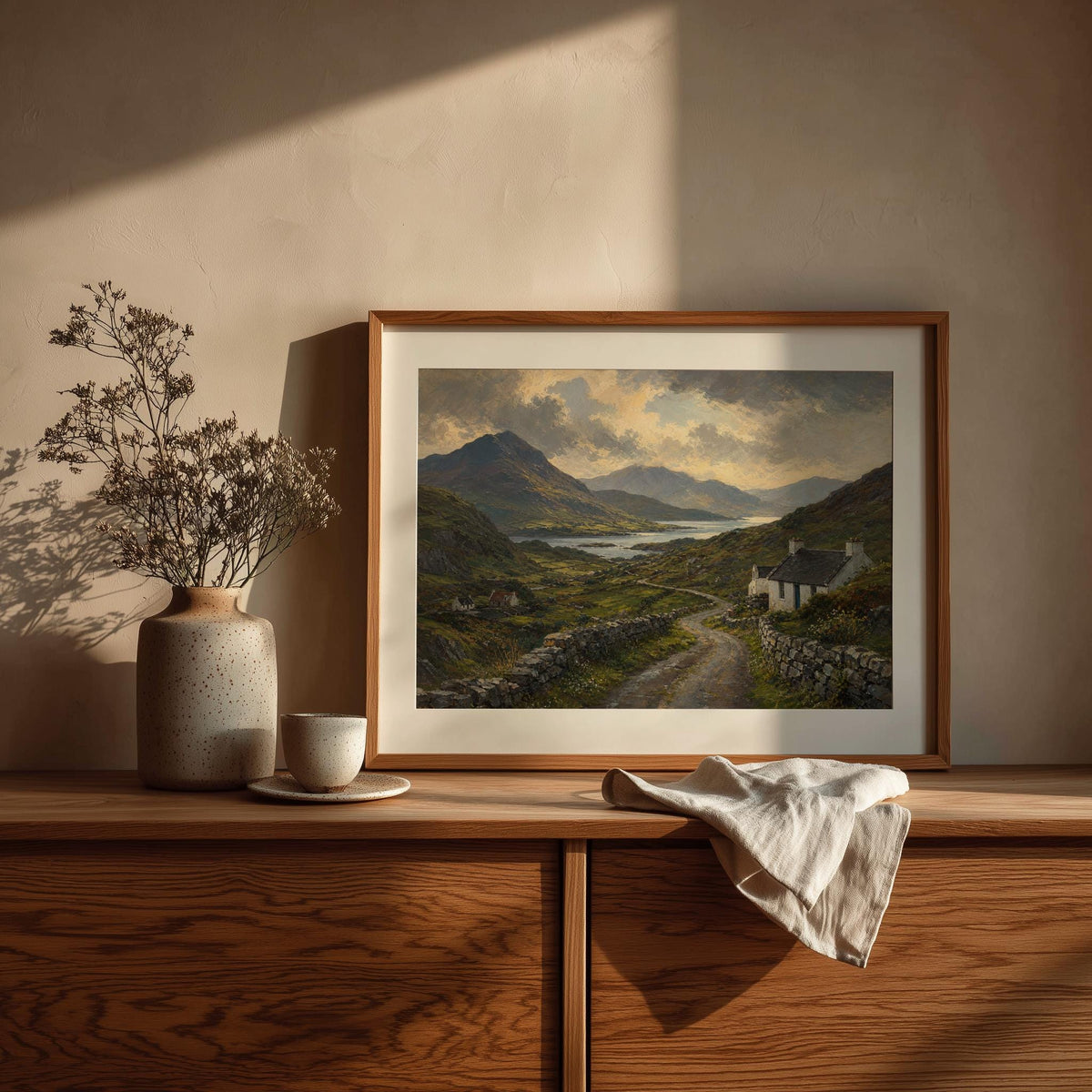 Irish valley and lake oil painting Irish print – wall mockup 2