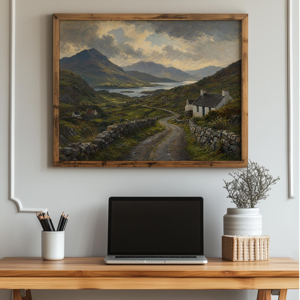 Irish valley and lake oil painting Irish print – wall mockup 3