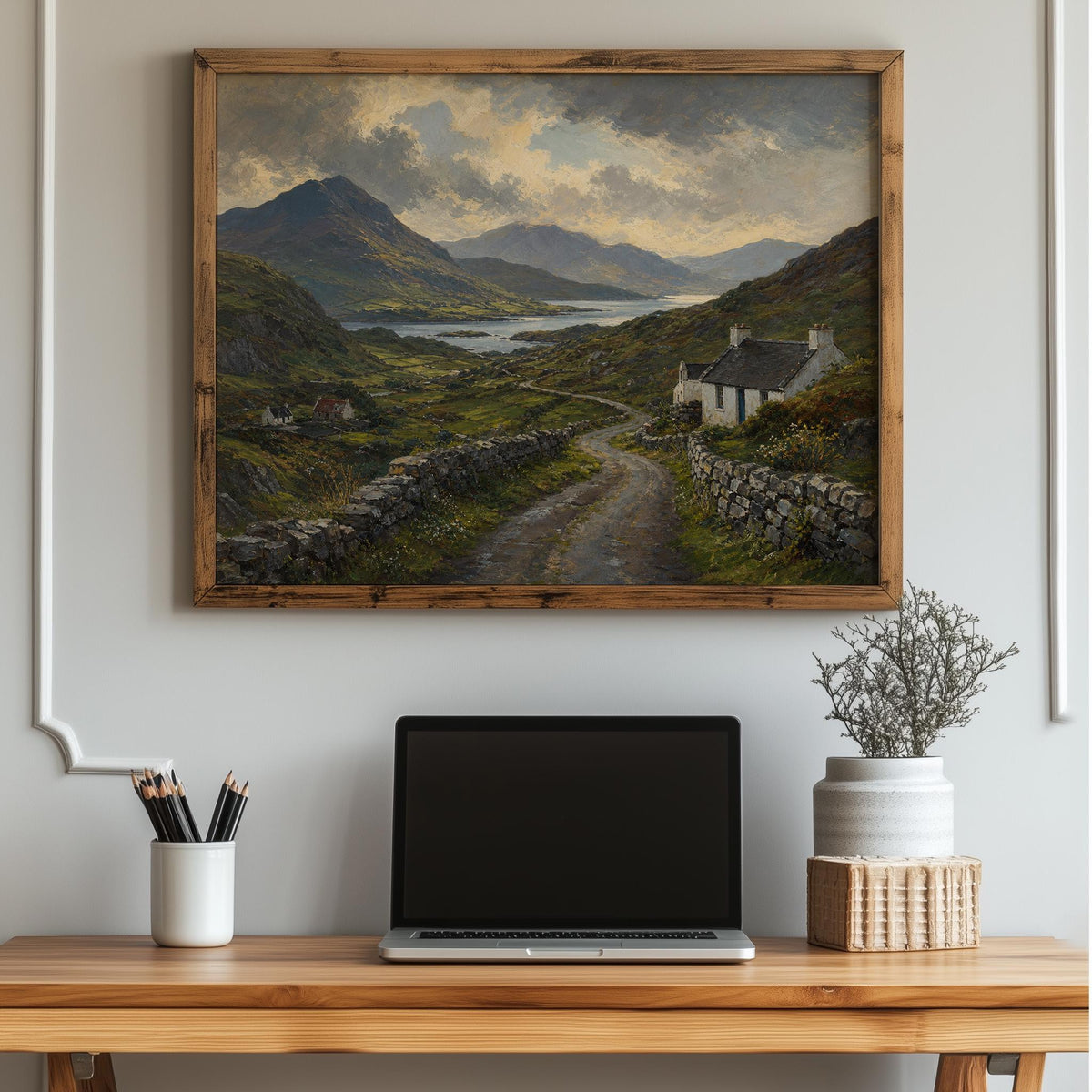 Irish valley and lake oil painting Irish print – wall mockup 3