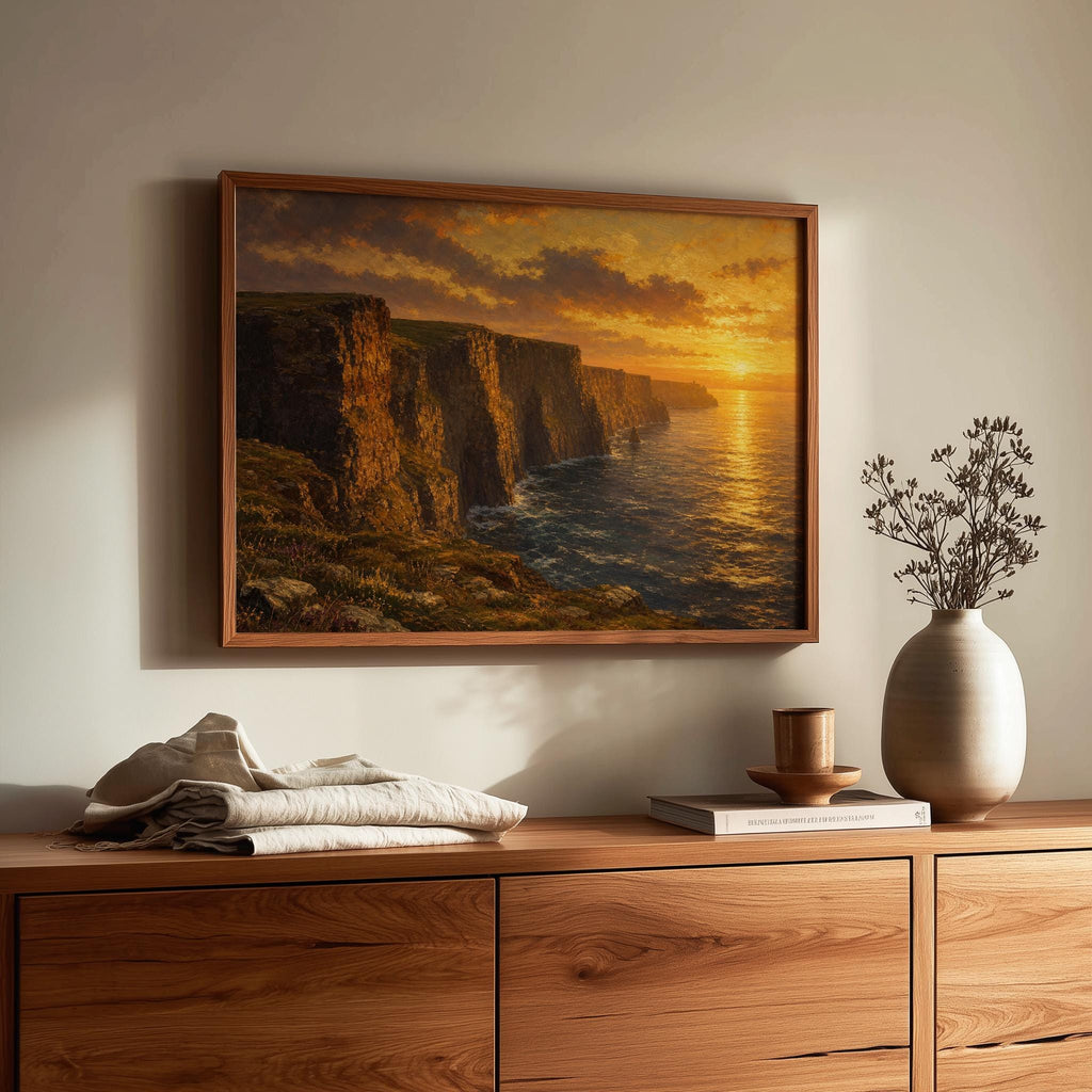 Cliffs of Moher sunset oil painting Irish print – wall mockup 2