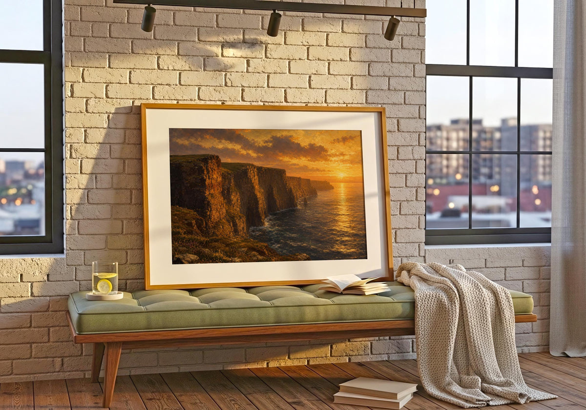 Cliffs of Moher sunset oil painting Irish print – wall mockup 1