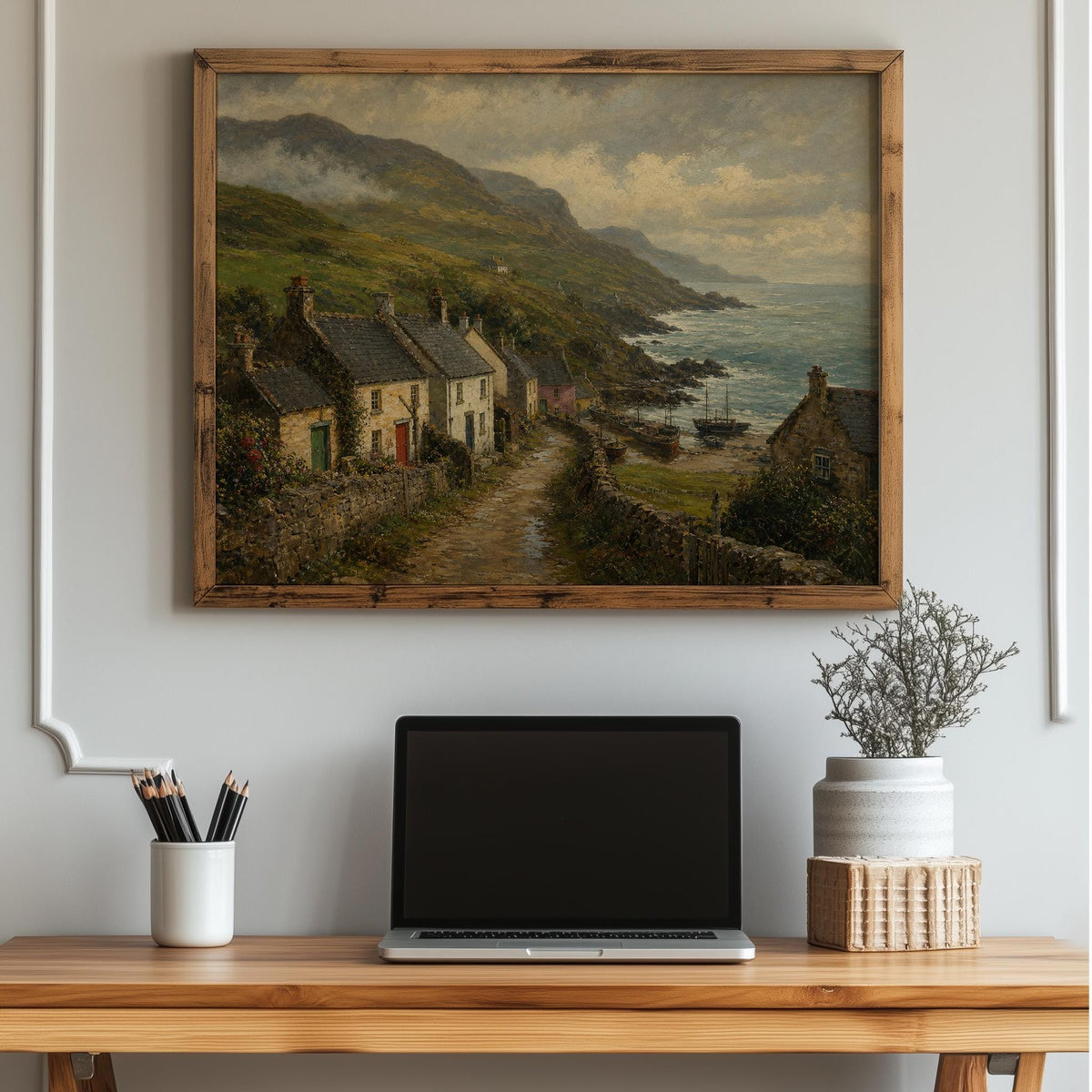 Coastal village stone cottages oil painting Irish print – wall mockup 3