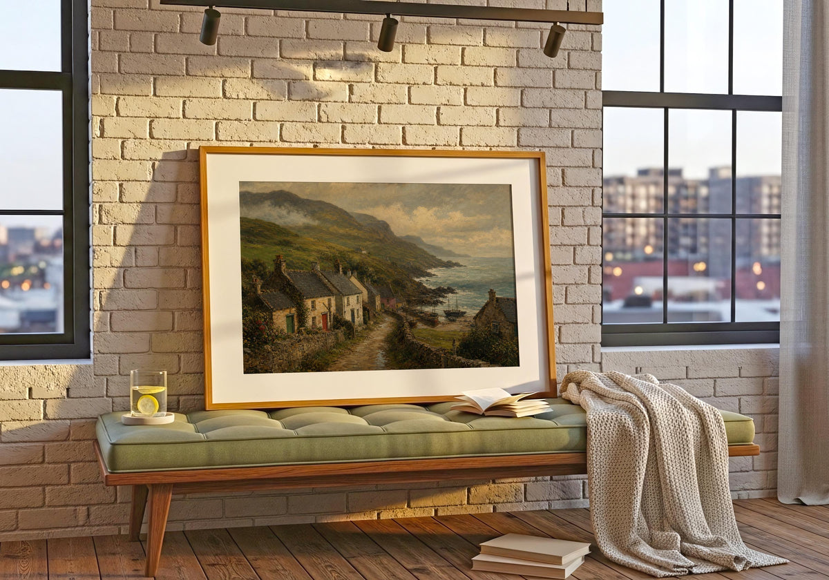 Coastal village stone cottages oil painting Irish print – wall mockup 1