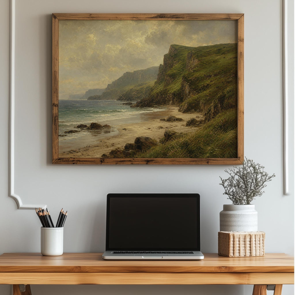 Irish beach and green cliffs oil painting Irish print – wall mockup 3