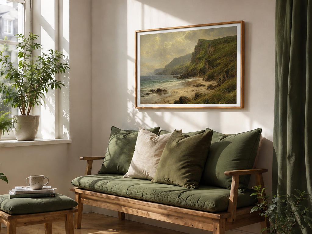 Irish beach and green cliffs oil painting Irish print – wall mockup 5
