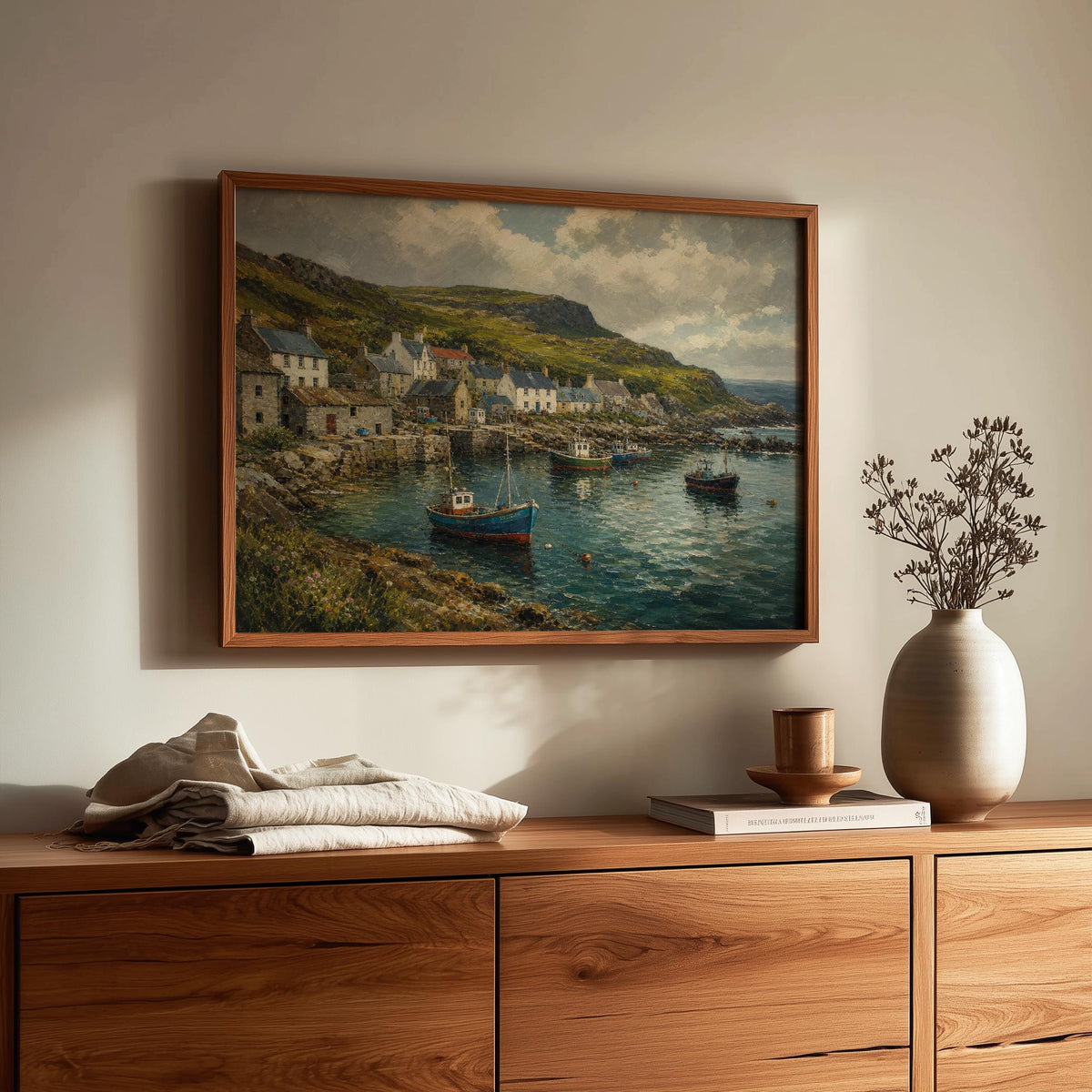 Atlantic Way fishing village oil painting Irish print – wall mockup 2