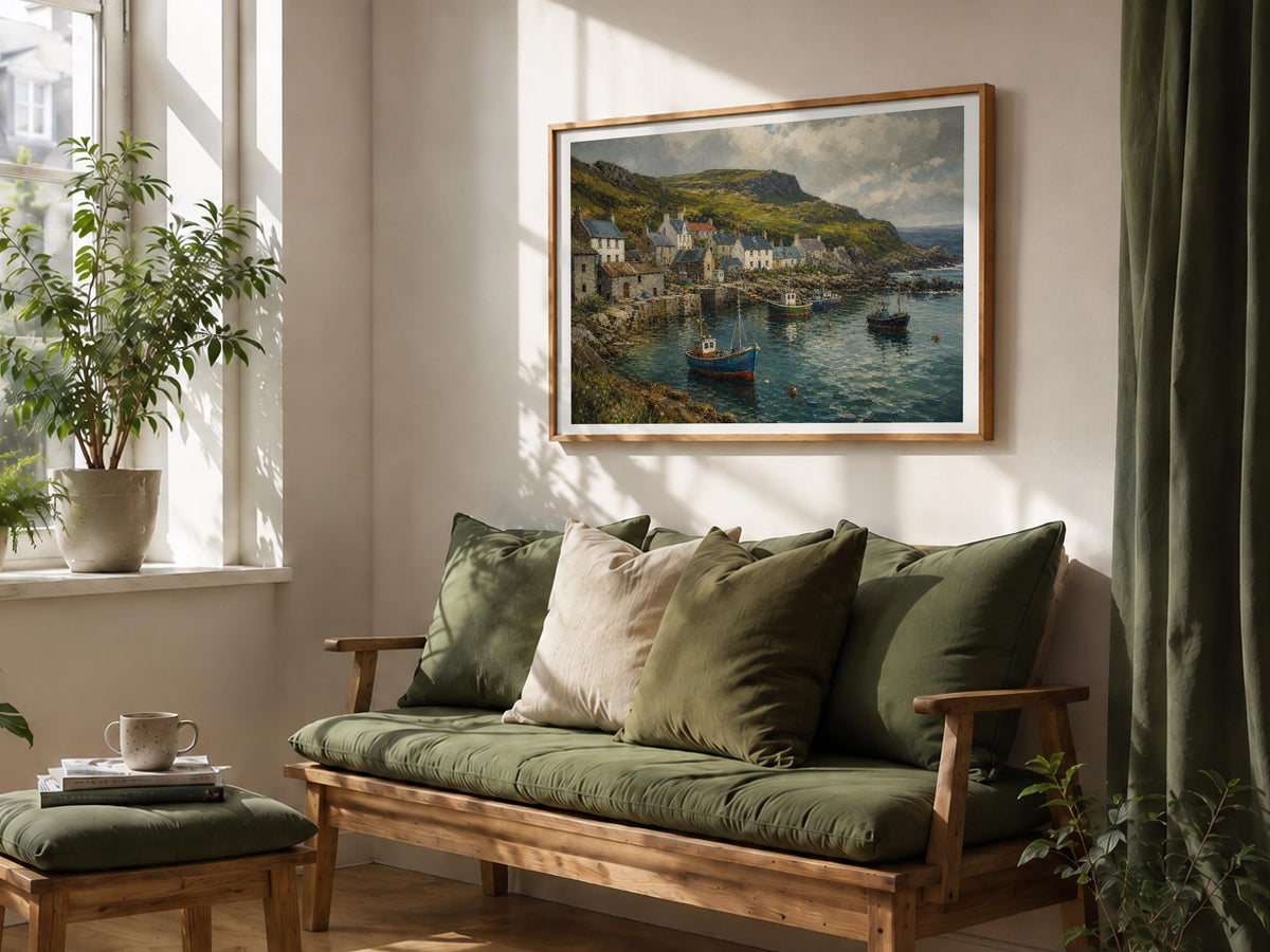 Atlantic Way fishing village oil painting Irish print – wall mockup 5
