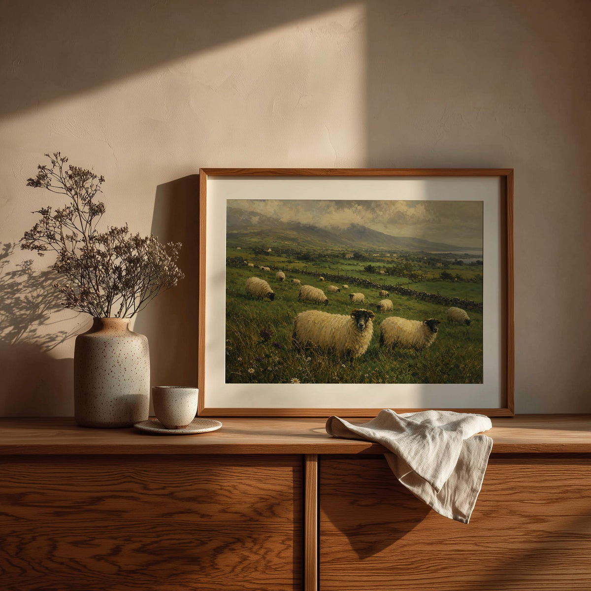 Irish sheep in green fields oil painting Irish print – wall mockup 2