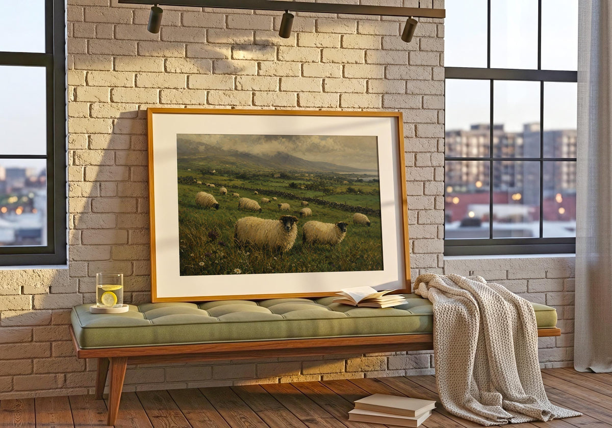 Irish sheep in green fields oil painting Irish print – wall mockup 1