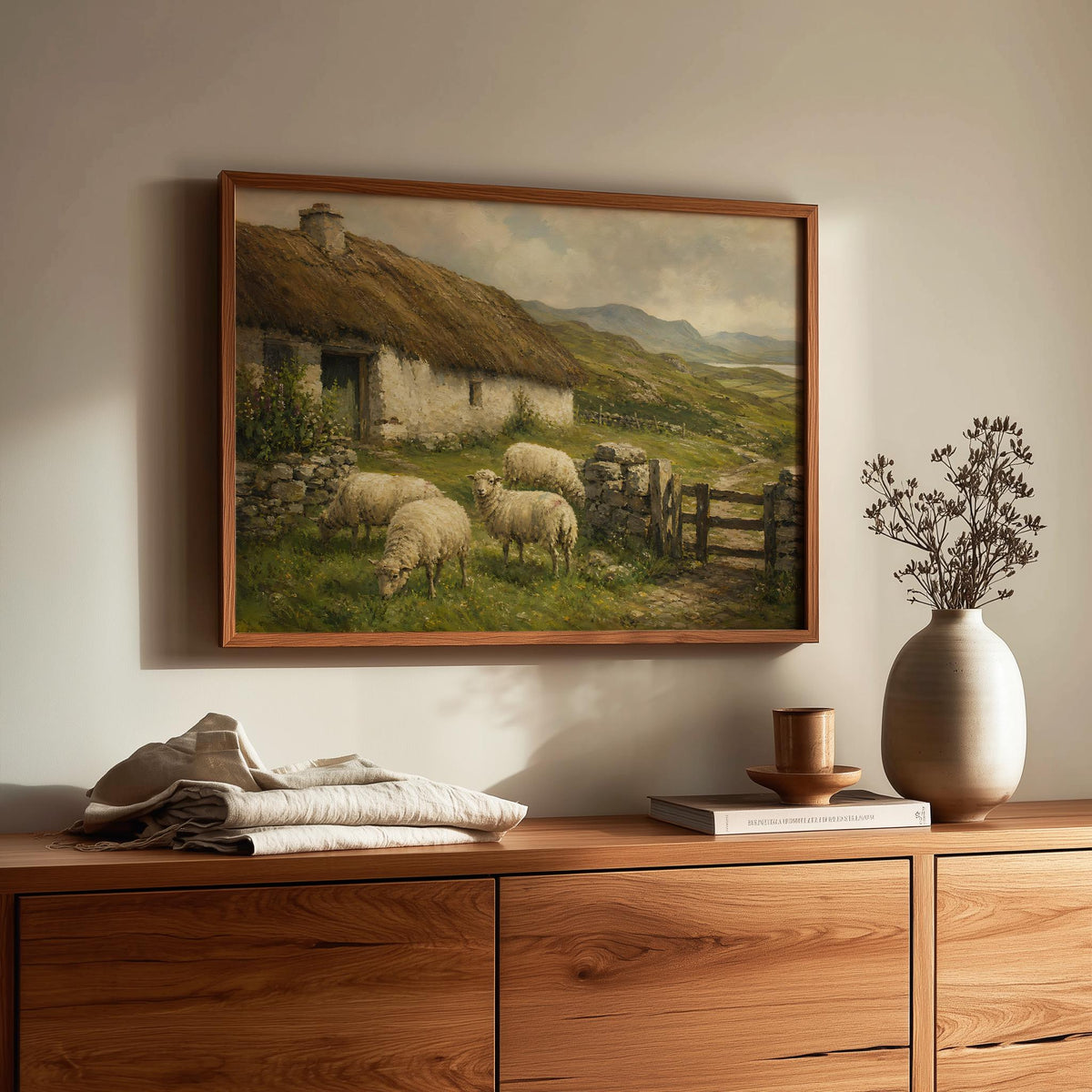 Sheep by the cottage oil painting Irish print – wall mockup 1