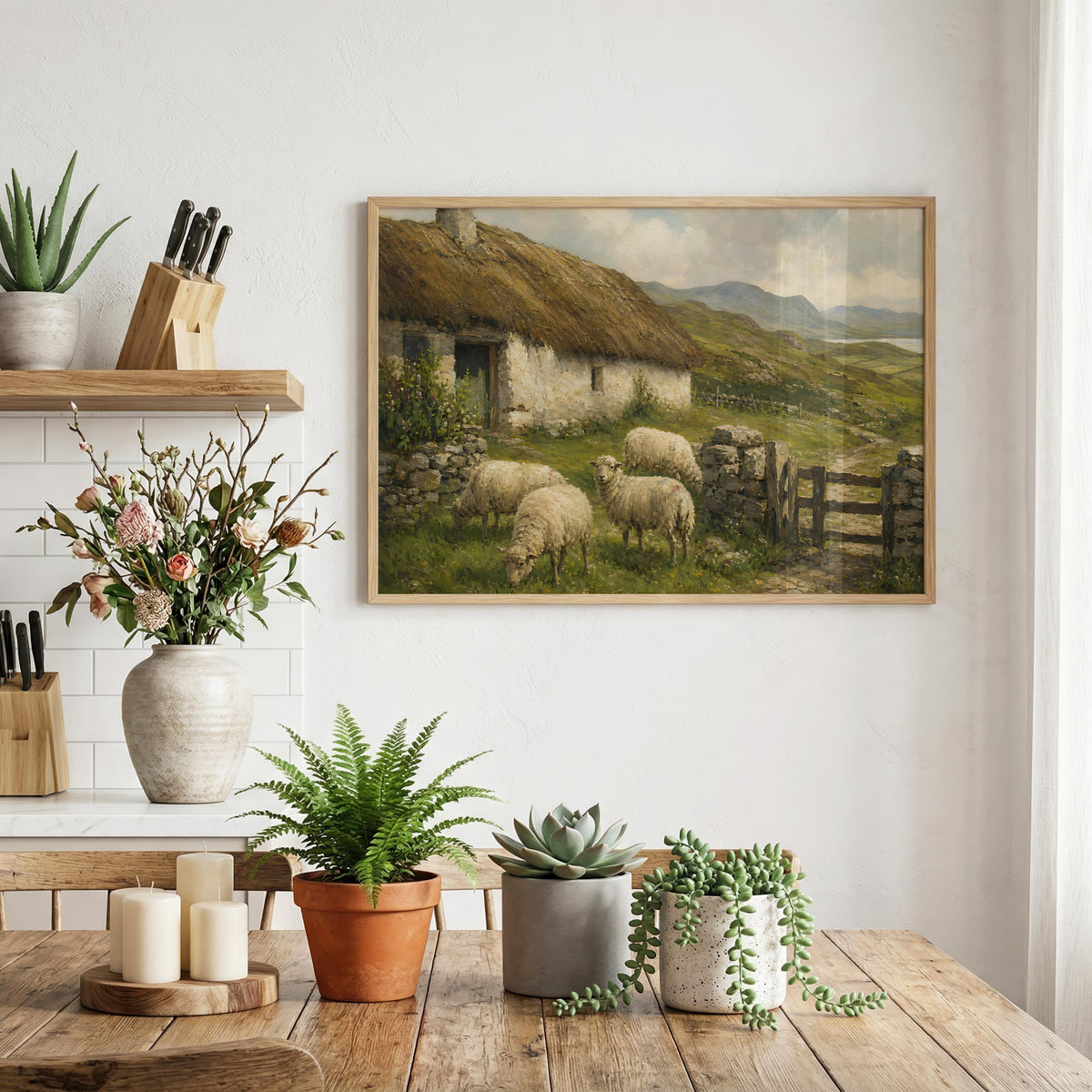 Sheep by the cottage oil painting Irish print – wall mockup 5