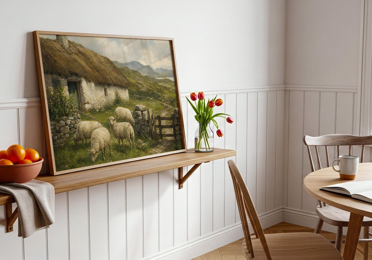 Sheep by the cottage oil painting Irish print – wall mockup 3