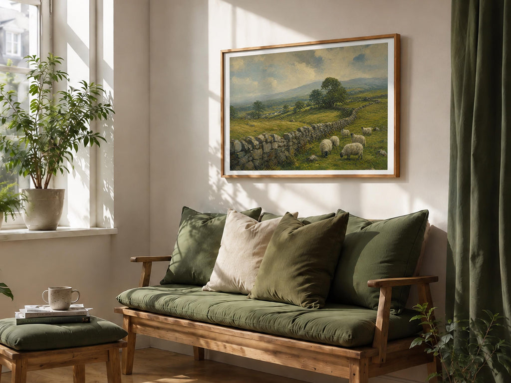 Irish countryside sheep oil painting Irish print – wall mockup 3