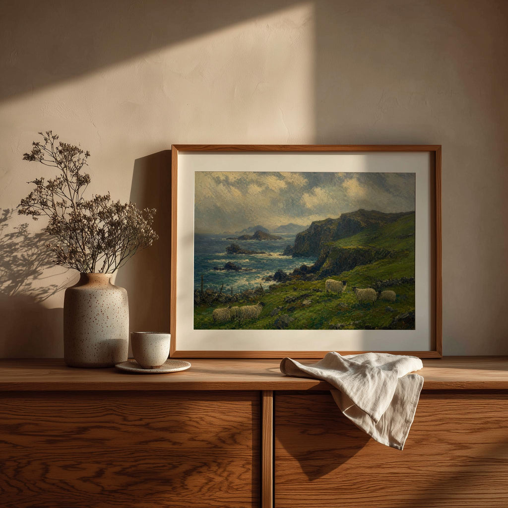 Cliffside sheep pasture oil painting Irish print – wall mockup 2