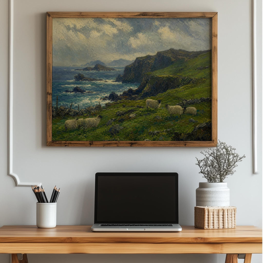 Cliffside sheep pasture oil painting Irish print – wall mockup 3
