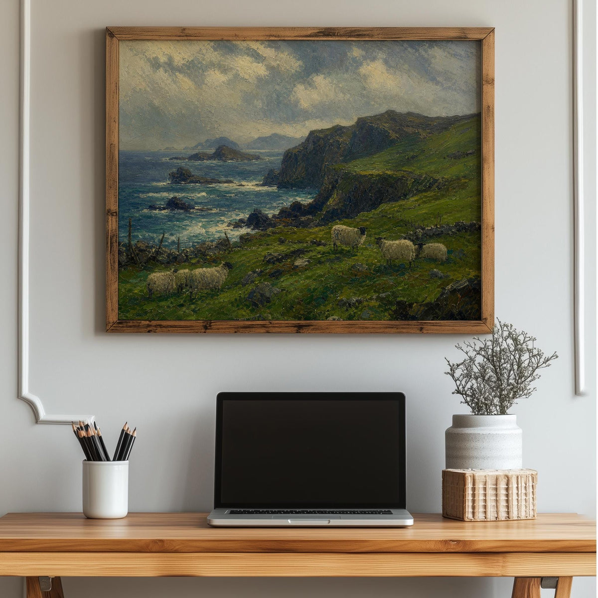 Cliffside sheep pasture oil painting Irish print – wall mockup 3