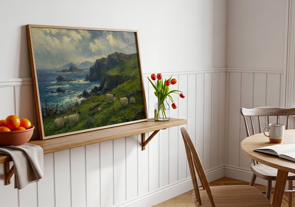 Cliffside sheep pasture oil painting Irish print – wall mockup 6