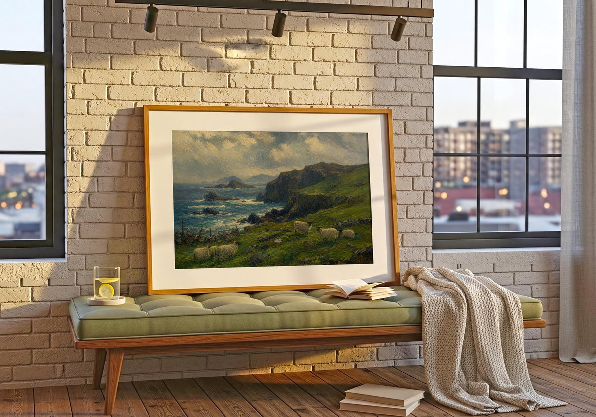 Cliffside sheep pasture oil painting Irish print – wall mockup 7