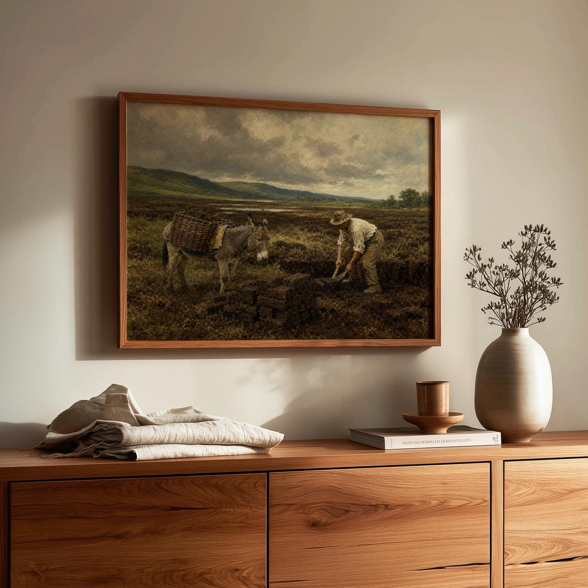 Irish bog turf cutting oil painting Irish print – wall mockup 3