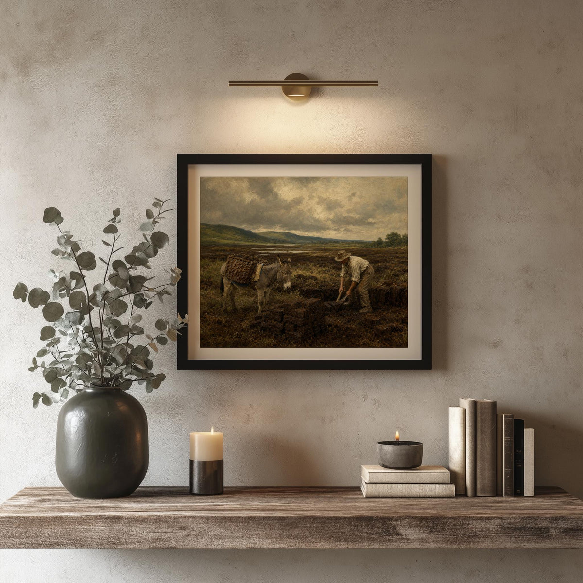 Irish bog turf cutting oil painting Irish print – wall mockup 4