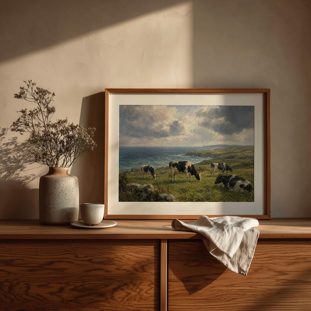 Dairy cows farmhouse oil painting Irish print – wall mockup 3
