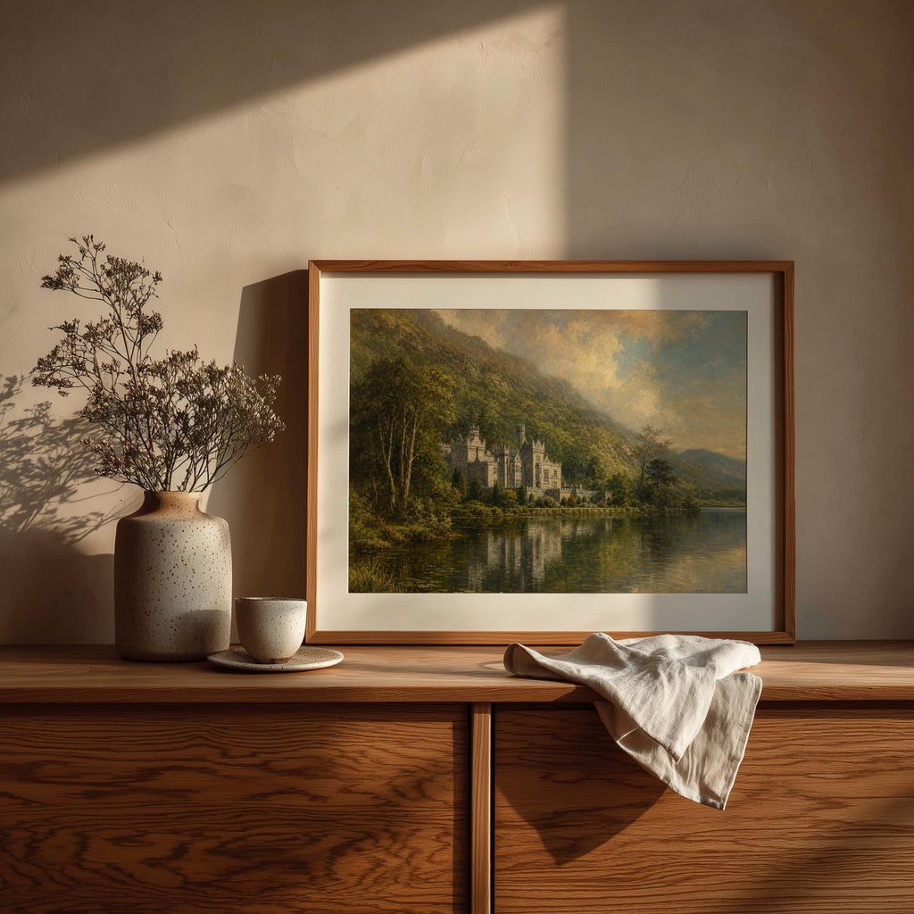 Kylemore Abbey lake landscape Irish print – wall mockup 3