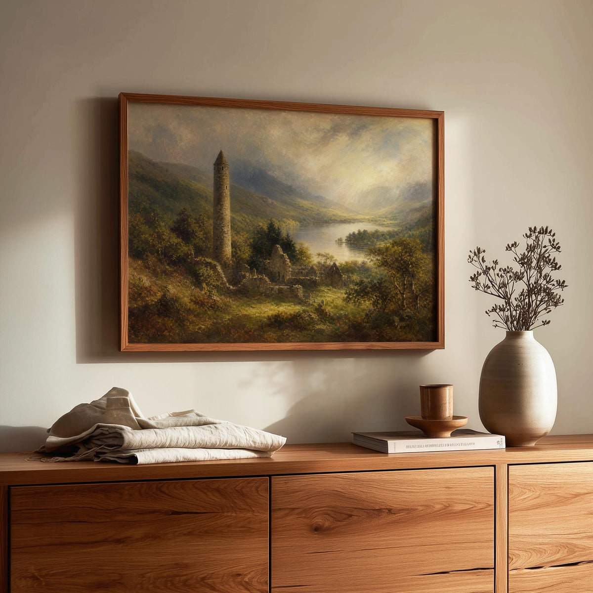 Glendalough round tower oil painting Irish print – wall mockup 1