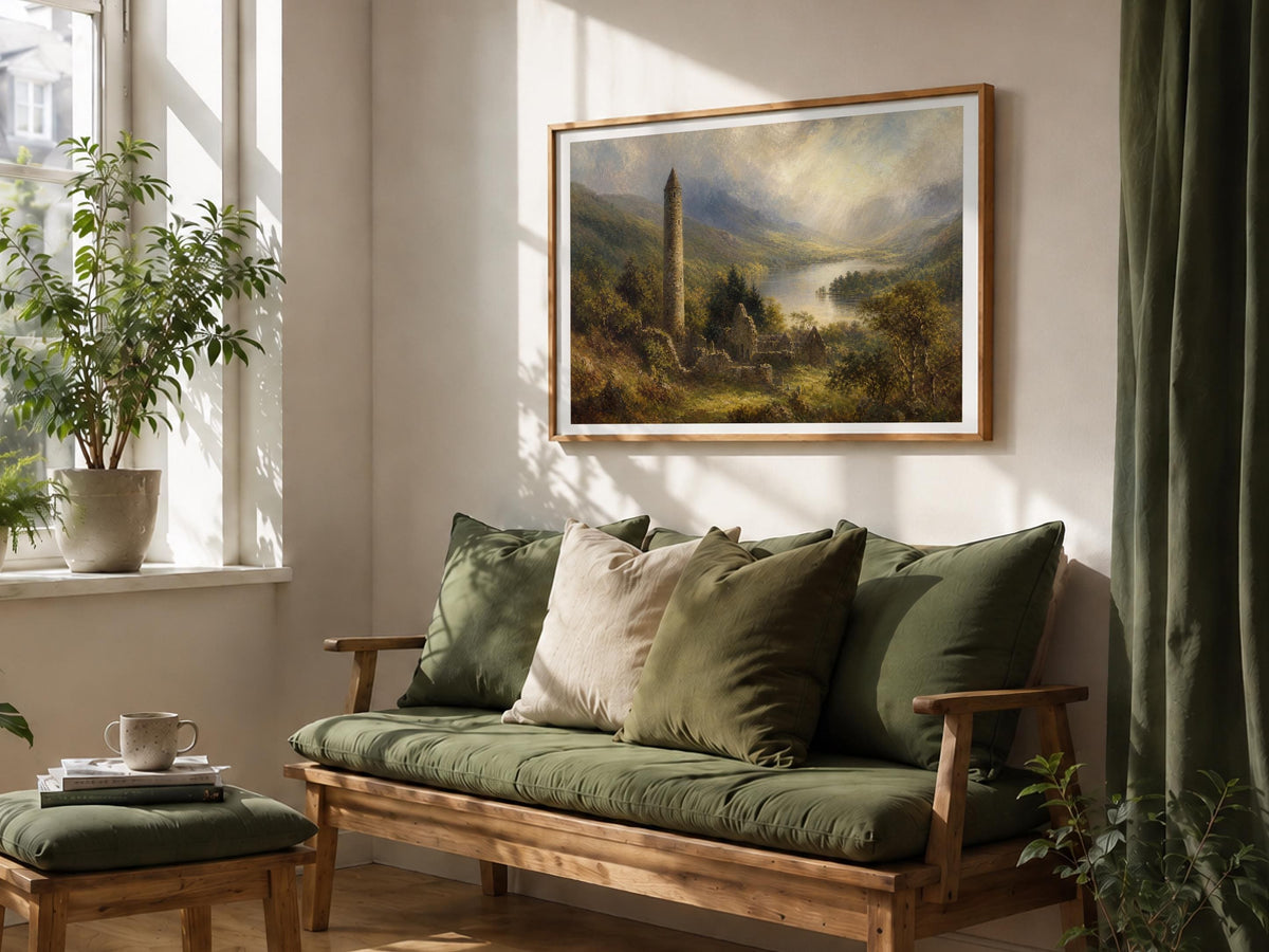 Glendalough round tower oil painting Irish print – wall mockup 7