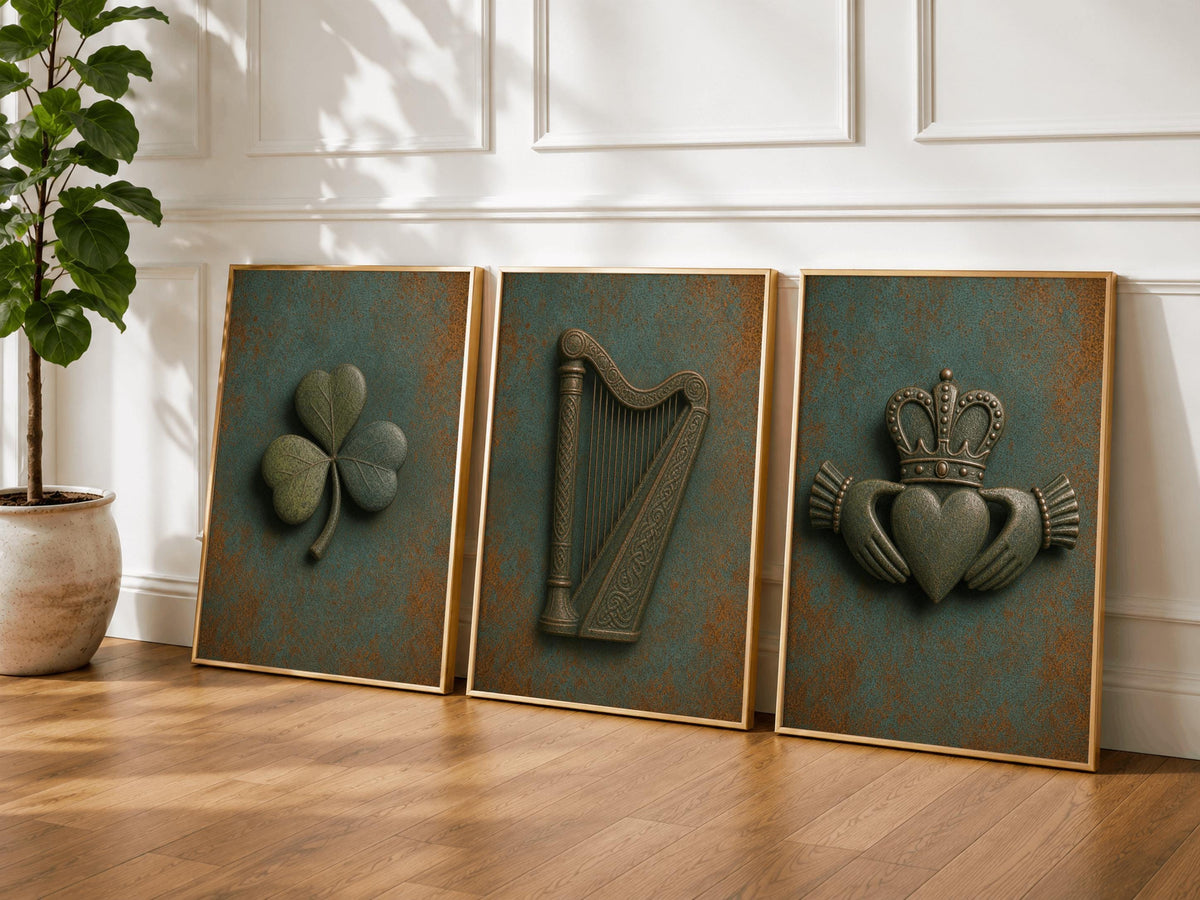 Shamrock, Claddagh and harp verdigris Irish print set – design
