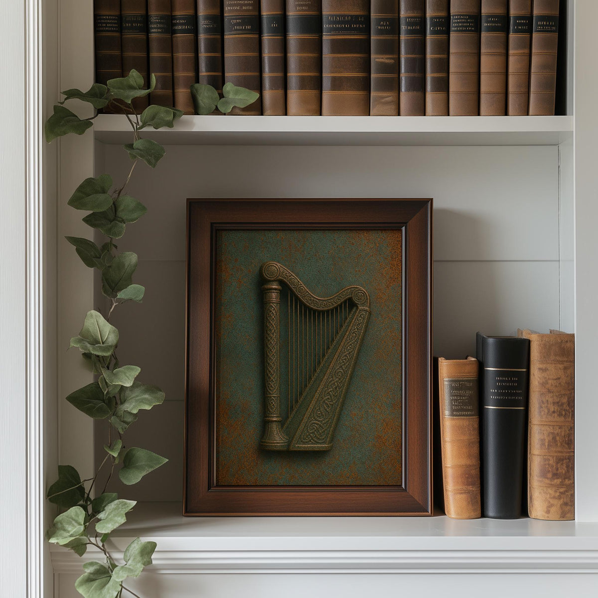 Shamrock, Claddagh and harp verdigris Irish print set – wall mockup 6