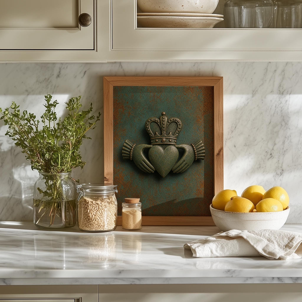 Shamrock, Claddagh and harp verdigris Irish print set – wall mockup 7