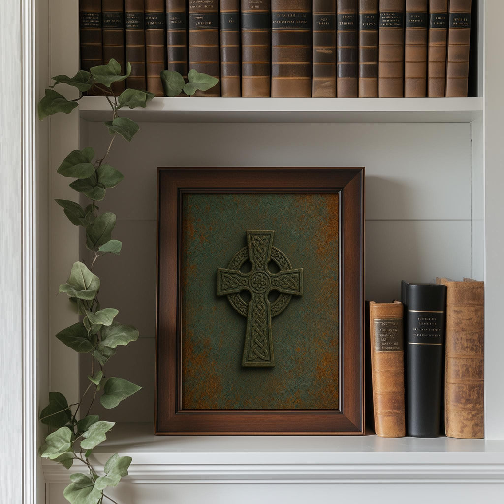 Verdigris bronze Celtic relief Irish print set – wall mockup 2