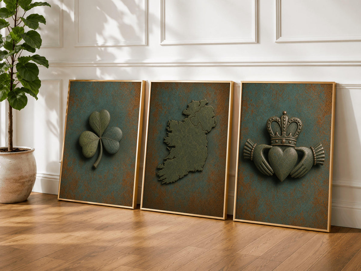 Ireland map, shamrock and Claddagh embossed Irish print set – design