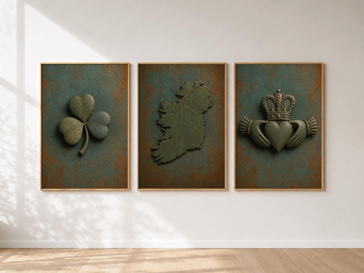 Ireland map, shamrock and Claddagh embossed Irish print set – wall mockup 1