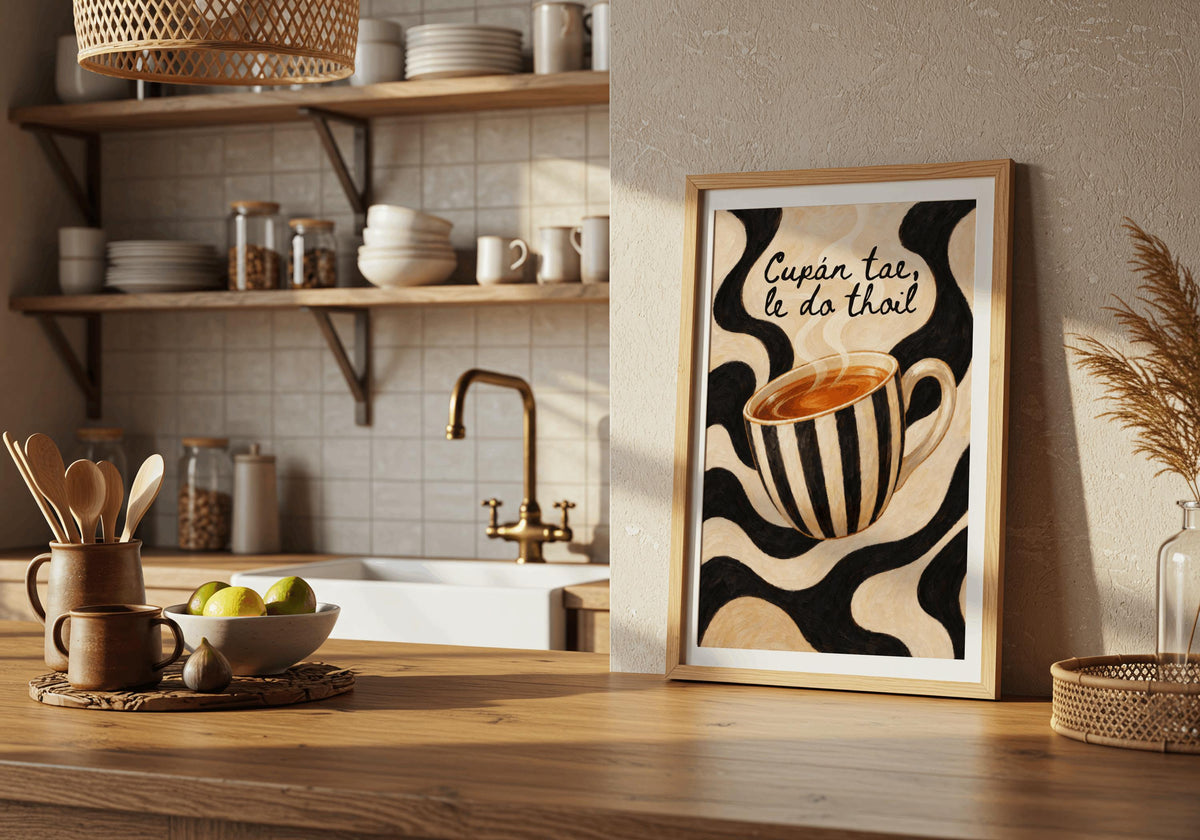 Cupán Tae Swirl Teacup Irish print – wall mockup 4