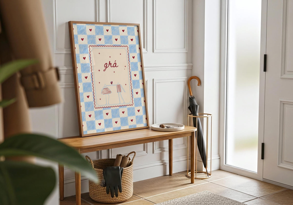 Grá vintage folk art couple Irish print – wall mockup 2