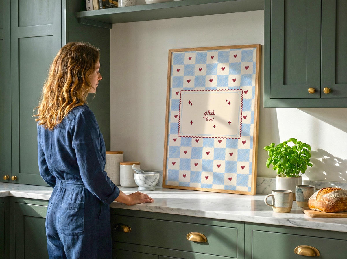 Grá Blue Gingham Postcard Irish print – room mockup 5